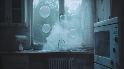 Aufkleber - Poltergeist phenomenon causing objects to float and spin in an eerie gloomy and neglected vintage kitchen creating an atmosphere of mystery supernatural tension and hidden energy