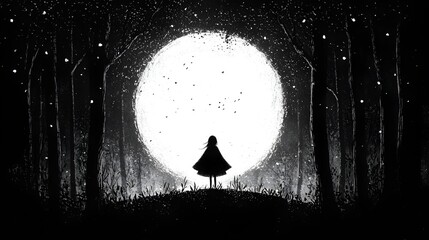 Aufkleber - Silhouetted figure of a witch flying in an enchanted mortar under the full moon surrounded by the dark and eerie forest