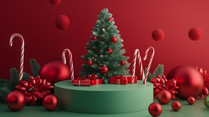 2. An inviting scene featuring a green round podium surrounded by Christmas decorations, showcasing a decorated tree, playful candy canes, and bright red balls, perfect for a holiday-themed product