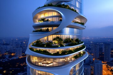 Poster - 3D digital model of a futuristic residential tower, with transparent glass walls, rooftop gardens, and a sleek, modern design