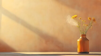 Poster - Warm glow of essential oils diffusing in a glass bottle surrounded by soft shadows and a serene natural ambiance  This still life scene evokes a sense of relaxation wellness and tranquility