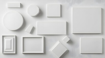 1. A collection of blank white mockups in different shapes and sizes, including rectangular, circular, and hexagonal forms, arranged creatively against a soft backdrop, ideal for product advertising