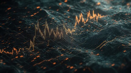 Abstract visualization of financial data and stock market analytics with dynamic line graph in a digital landscape.