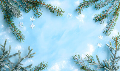 Winter background with frosted pine branches, snowflakes, and snow, perfect for Christmas cards, seasonal designs, and holiday invitations