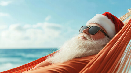 Relaxing Santa Claus lounging in beach hammock with ocean view, enjoying sunny day. scene captures unique holiday spirit in tropical setting