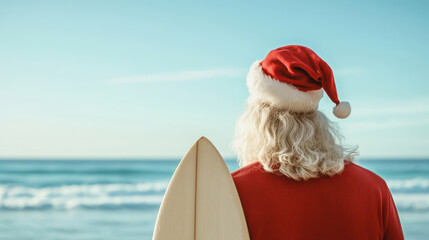 cheerful figure in Santa hat gazes at ocean, holding surfboard. scene captures unique blend of holiday spirit and beach vibes, evoking sense of joy and relaxation