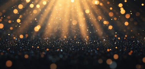 Poster - Abstract light rays with golden bokeh effect on a dark background.