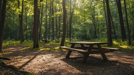 A unique outdoor meeting in a forest, with a wooden picnic table set up for a small group, surrounded by dappled sunlight and fresh air, enhancing focus and creativity