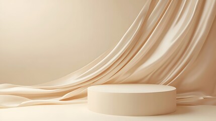 Fototapete - 1. A sleek 3D rendering of a round pedestal set against a soft beige background, draped with a flowing wave of satin curtain, creating an elegant display space for natural cosmetics presentation