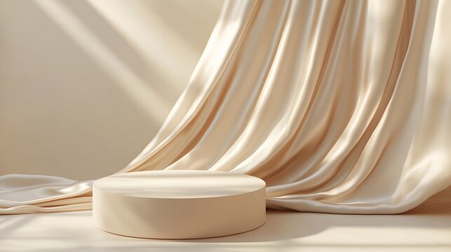 1. A sleek 3D rendering of a round pedestal set against a soft beige background, draped with a flowing wave of satin curtain, creating an elegant display space for natural cosmetics presentation