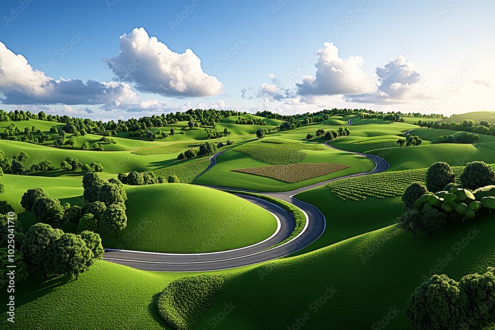 3D-rendered rural landscape, where a digital model shows different ...