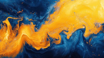 Vibrant swirls of blue and gold dance together in a mesmerizing abstract display of color and texture