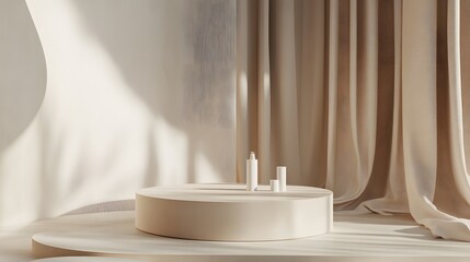 4. A refined 3D mockup featuring a round podium surrounded by soft beige tones and a gracefully flowing satin curtain, creating a minimalist yet luxurious presentation space for beauty products