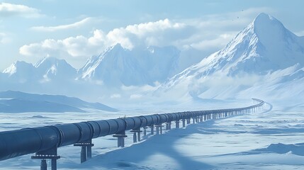An oil pipeline stretching across a snow-covered tundra with mountains in the background