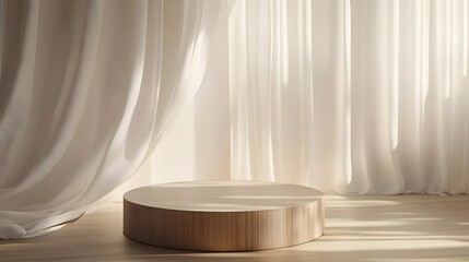 Fototapete - 1. A serene 3D rendering of an empty modern round wooden podium side table, elegantly adorned with soft white drapery curtains blowing in the sunlight, creating an inviting backdrop for luxury