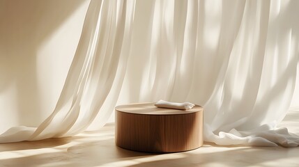 Fototapete - 2. An artistic scene featuring a minimalist round wooden podium side table bathed in warm sunlight, with flowing white curtains gently draping around it, perfect for showcasing beauty treatment and
