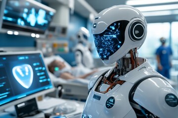 Poster - AI-powered hospital ward, where robots, AI systems, and smart devices collaborate to deliver personalized healthcare to patients in a futuristic medical environment