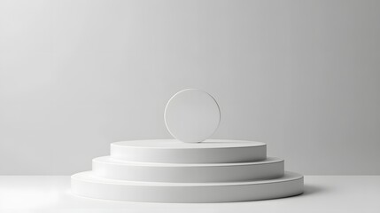Fototapete - 4. A refined 3D image of a white object podium stand surrounded by a smooth grey backdrop, tailored for showcasing products with a contemporary and professional look for advertising purposes