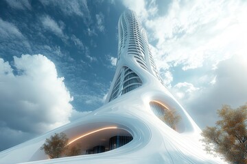 Futuristic architectural skyscraper with a smooth, curving design against a blue sky with clouds.