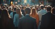 © SKIMP Art - The crowd of people walking down the street, captured from behind in an out-of-focus style A large group of men and women in business attire walk together on busy streets Generative AI