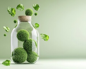 Glass jar filled with green spheres and fresh leaves, captured in a minimalist style against a soft green backdrop.