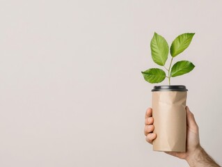 Hand holding a coffee cup with green leaves emerging, symbolizing sustainability and eco-friendliness.