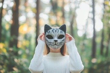 Quadrobics, quads. Teenage girl wearing a tiger cat mask. Quadrober youth subculture concept. Blog, social media, or news article. Child in an animal furry mask walking outdoors. Quadrobeast Lifestyle