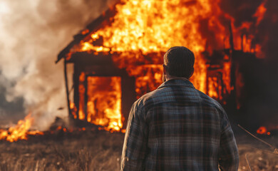 A man watches his house burn. rear view