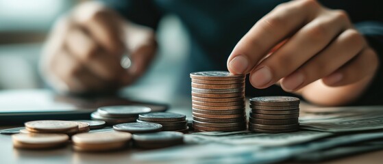 A close-up view of hands stacking coins alongside cash