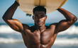 © lmot11 - African man standing with surfboard on head on ocean beach. Black surfer posing with surf board. Pretty multiethnic man goes on surfing session on tropical location