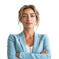 Confident young Caucasian woman in a light blue blazer, arms crossed, serious expression.