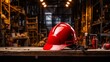 © Kakabe - A vibrant red hard hat rests on a wooden table with various tools in a dimly lit industrial setting, Ideal for construction, safety, or occupational health themes in marketing materials,