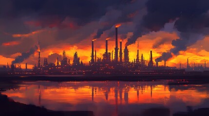 An oil refinery at dawn with the sky painted in shades of orange and purple, with reflections on water