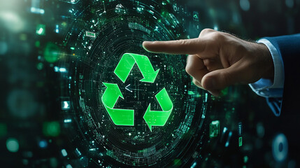 Businessman pointing at green recycle symbol or sign with his finger on digital display screen. Ecology and environment conservation and sustainability concept