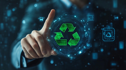 Businessman pointing at green recycle symbol or sign with his finger on digital display screen. Ecology and environment conservation and sustainability concept