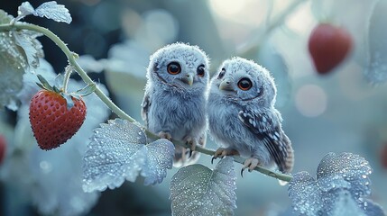 Sticker -   Two owls perch on a leafy branch with strawberry in focal point, hazy background of mixed foliage and fruit