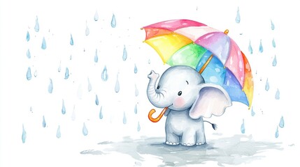 Poster -   Elephant with Umbrella in Rain