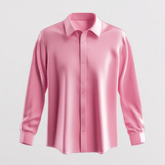 Pink long-sleeved collared shirt hanging on a clothing rack with other colorful shirts in a boutique.