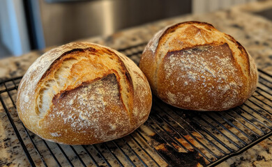 Two round breads with homemade sourdough. Side view