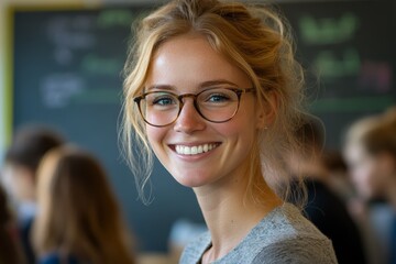 Wall Mural - Woman wearing glasses and a scarf is smiling at the camera. Smiling teacher with glasses in classroom, students in the blurry background, chalkboard behind her