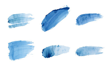 blue brush stroke texture set, color strip and shape, isolated on white, paint and organic watercolor style