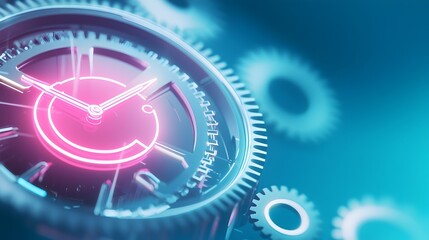 Poster - Futuristic Neon Timepiece with Abstract Gears - Surreal Sci-Fi Clock Design Featuring Glowing Numbers and Metallic Surfaces