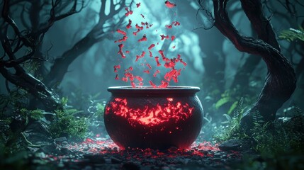 A cauldron bubbles ominously over a crackling fire its contents a noxious mix of herbs bones and swirling red liquid.