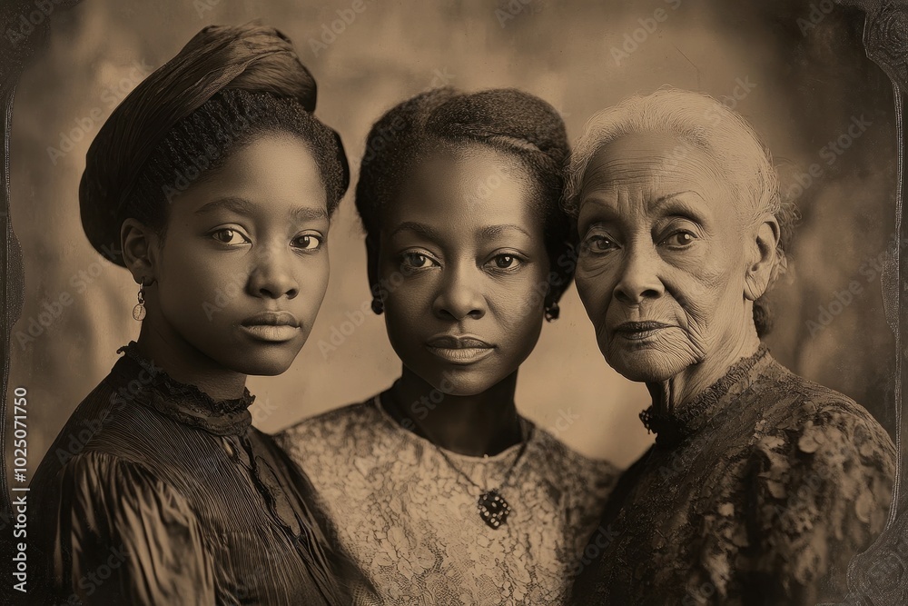 daguerreotype-style portrait of three generations of african American ...