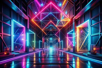 Poster - Captivating Neon Geometric Structures in Dark Abstract Cyberspace for Tech Themes and Futuristic Backgrounds