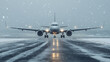 © Mark - Airplane on snow-covered runway during heavy snowfall, airport winter scene, commercial flight in icy weather, aircraft takeoff, air travel conditions, airport terminal, aviation transport, departure