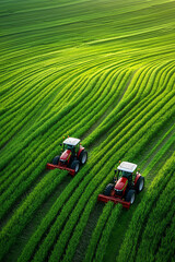 Tractors on lush green farmland, aerial view.