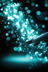 Poster - Bright blue spray nozzle releasing shimmering particles in a dark background at night
