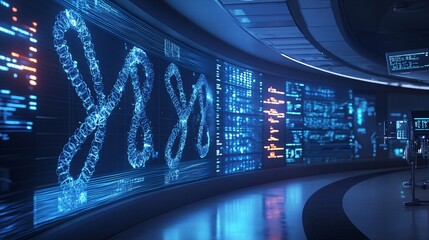 3D visualization of DNA structures on digital screens in a modern biotech research facility