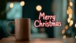 © Hoolity - Cozy Christmas scene with a mug on a table, warm lights, and a festive 'Merry Christmas' message, creating a perfect holiday atmosphere.